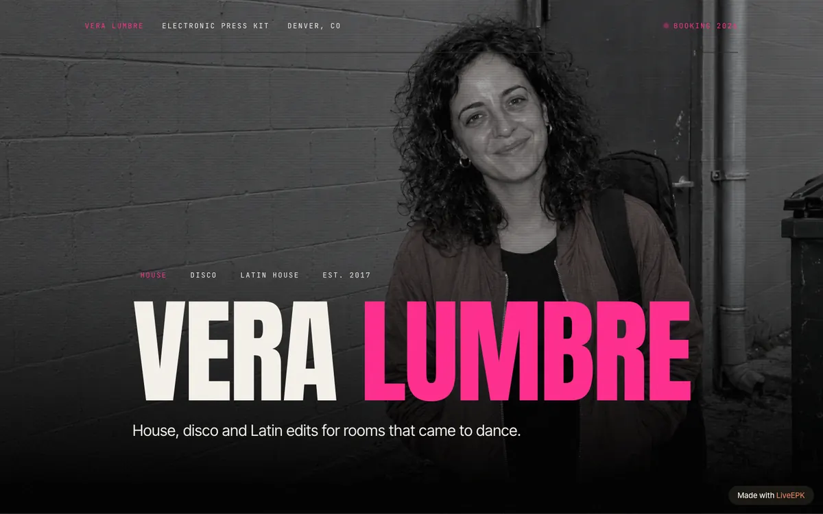 Sample DJ EPK for Vera Lumbre: a DJ standing in an alley by a venue door, her name in large white and pink type