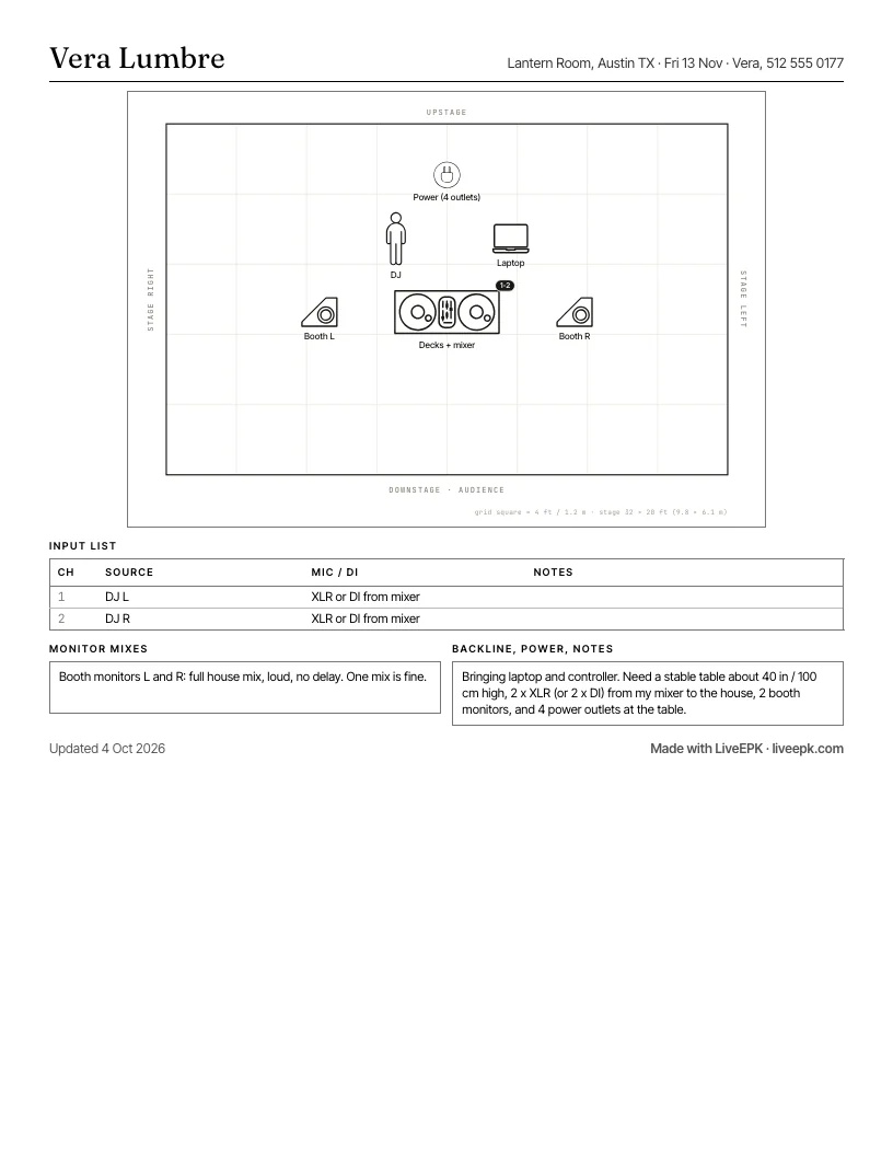 The booth plot page that goes with it: the table, decks and mixer, booth monitors and power