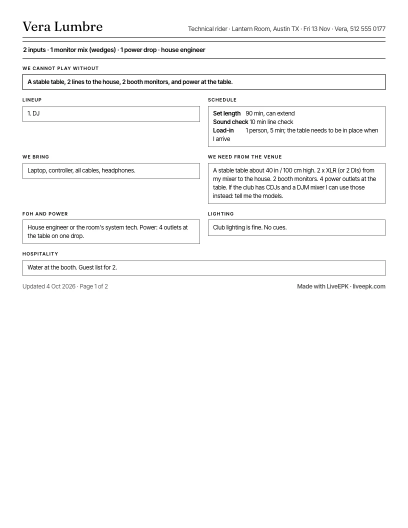 A printed DJ tech rider: setup, schedule, what the DJ brings, what they need from the venue, power, lighting and hospitality