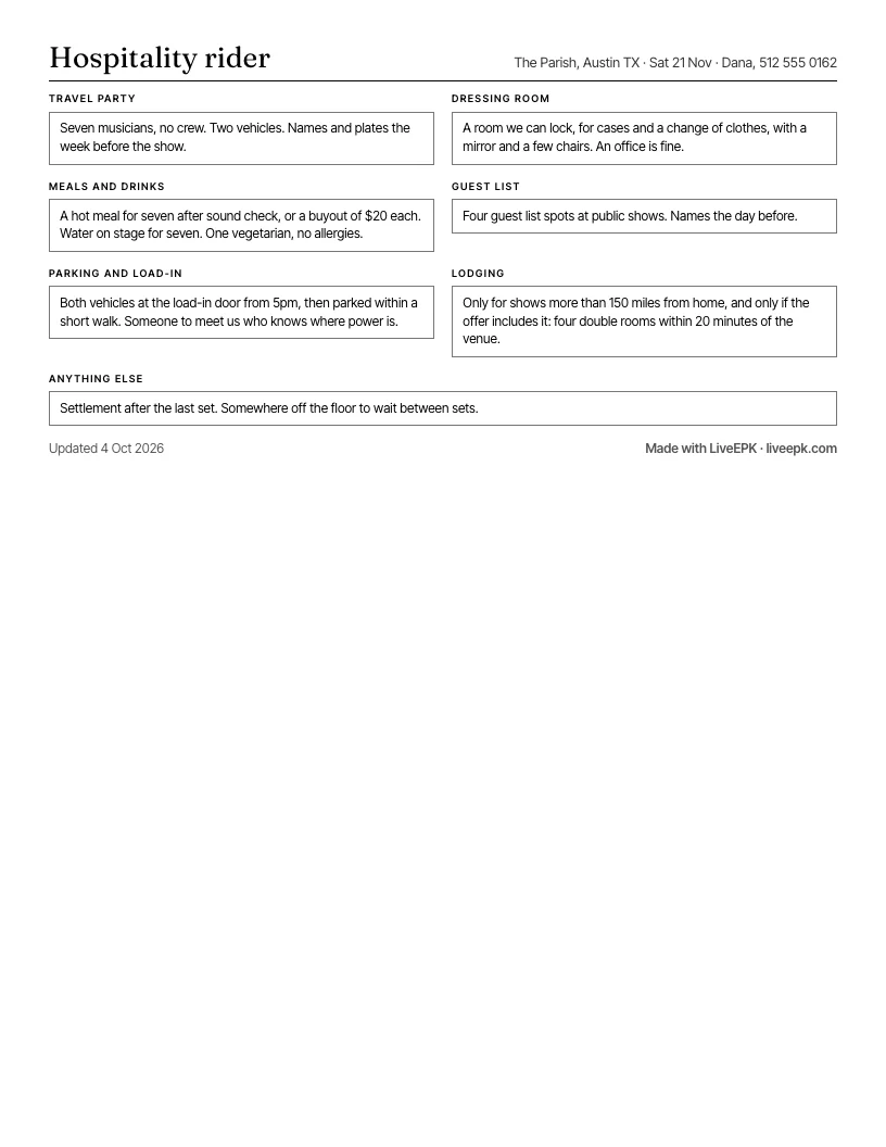 A printed one-page hospitality rider: travel party, dressing room, meals and drinks, guest list, parking and load-in, lodging