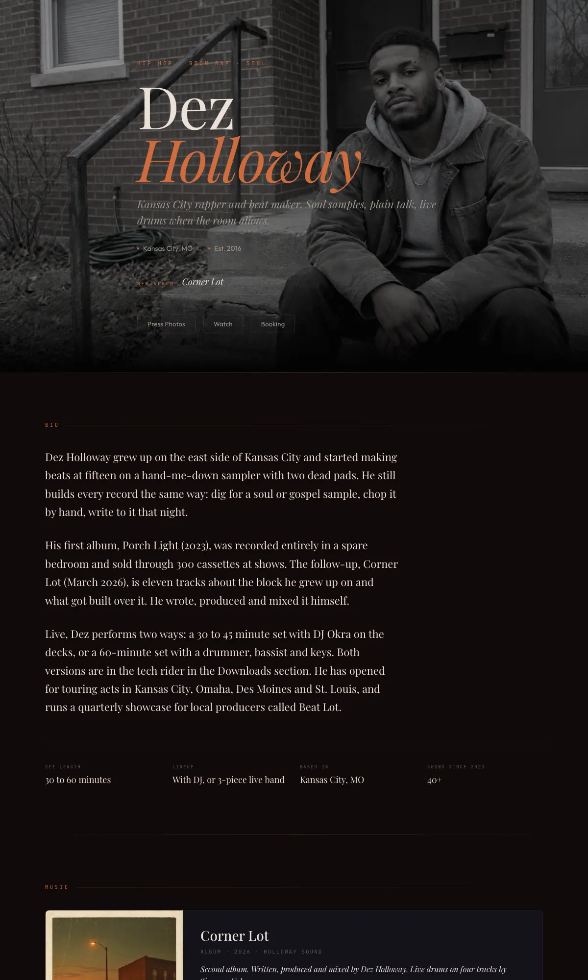 The Stage EPK template · Dez Holloway sample press kit